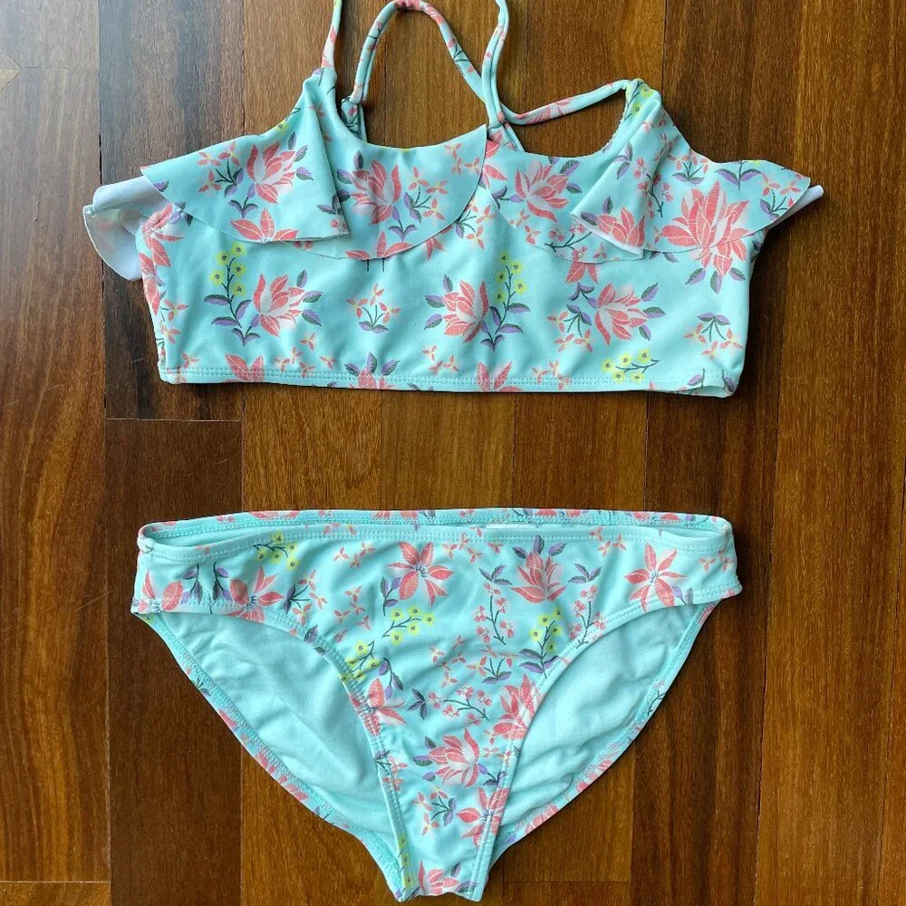 Lucky Brand Youth Girl’s Blue Floral Two Piece Bikini Set Swimwear - Picture 1 of 6